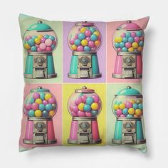 a pillow with an image of a gumball machine on it's front and sides