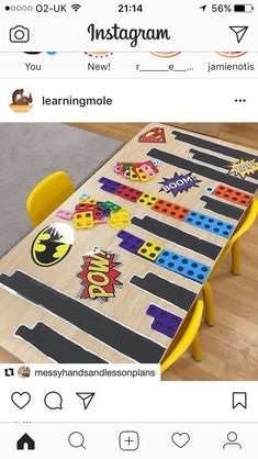 a table with some stickers on it and two yellow chairs in front of it