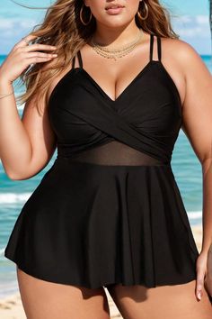 Plus Size Beach Mesh One Piece Swimsuit Sleeveless Swimwear With Built-in Bra For Vacation, One-piece Beachwear Top For Poolside, Vacation Swimwear With Built-in Bra, Solid Color Sleeveless Tankini For The Beach, Summer One-piece Top For The Beach, Beachy Sleeveless Swimwear With Built-in Bra, Vacation Tankini With Lined Body, One-piece Tankini With Built-in Bra For Vacation, Solid Sleeveless Beachy Tankini