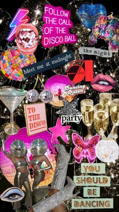 a collage of different types of signs and decorations on a black background with glitter