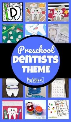 a collage of photos with the words preschool dentists theme in blue and white