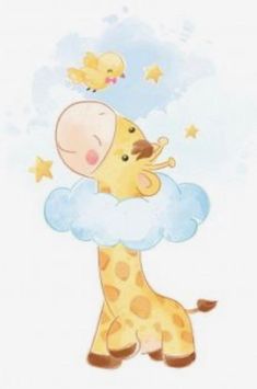 a baby giraffe hugging its mother with stars on it's head in the sky