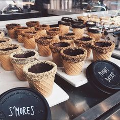 ice cream cones filled with dirt on top of a counter