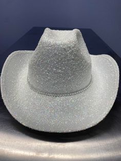 Glitter Cowboy Hat With Rhinestone Band | Etsy Black Glitter Cowboy Hat, White Sparkly Cowboy Hat, White Rhinestone Cowgirl Hat, Glittery Cowboy Hat, White Cowboy Hat Aesthetic, White Cow Girl Hat, Bedazzled Cowboy Hats, Western Style Party Top Hat With Curved Brim, Western Style Top Hat With Curved Brim For Party