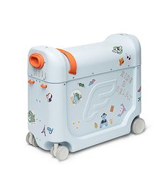 a blue and orange suitcase with stickers on it's side, sitting upright