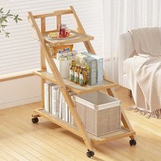 a wooden shelf with baskets on it in a living room next to a chair and window