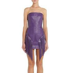 Purple Fringe Detail Strapless Leather Dress, Party Leather Dress, Mini Dress Designer Mini Dress For Night Out, Fitted Mini Dress For Spring Fashion Events, Designer Mini Party Dress, Designer Mini Length Party Dresses, Designer Mini Dress For Summer Evenings, Designer Summer Mini Dress For Evening, Lined Purple Mini Dress For Party, Designer Fitted Mini Dress For Party, Chic Sleeveless Mini Dress For Fashion Events