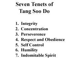 the seven tentes of tang soo do are shown in black and white with text