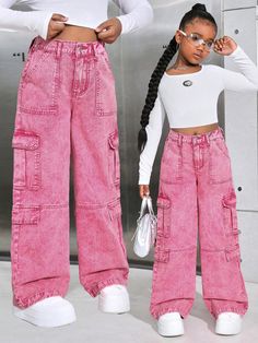 Tween Girls Y2K Trending Pink Stonewashed High Waist Flap Pocket Baggy Straight Leg Cargo Jeans Hot Pink    Denim Plain Straight Leg Non-Stretch  Tween Girls Clothing, size features are:Bust: ,Length: ,Sleeve Length: Dope Fashion Outfits, Hot Pink Denim, Jean Rose, Pink Cargo Pants, Girls Y2k, Girls Fall Outfits, Pink Denim, Jeans Cargo