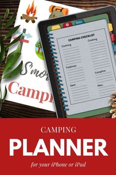 the camping planner for your iphone or ipad is on top of a table with pine cones and