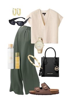 Laid Back Outfits Casual Chic, Wide Leg Outfit Summer, Green Pants Outfit Summer, Beige And Green Outfit, Green Sandals Outfit, Green Beige Outfit, Green And Beige Outfit, Effortlessly Chic Outfits Summer Classy, Green Wide Leg Pants Outfit