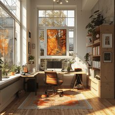 an office with lots of natural light coming in from the windows and plants on the desk