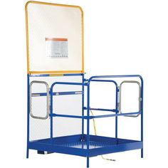 a blue platform with a yellow and white chair on it's back end, against a white background