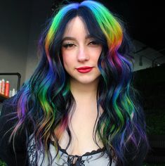 This custom colored wig is 20 in length and is 100% human hair. This wig is safe to be washed and styled but would HIGHLY recommend washing in ice cold water to prevent colors from bleeding and premature fadeout. Split Dyed Hair Ideas, Black And Rainbow Hair, Chunky Highlight, Unnatural Hair Color, Ice Cold Water, Vivid Hair, Highlight Wig, Split Dyed Hair, Hair Projects