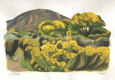 a painting of yellow flowers in front of a mountain with trees and hills behind it