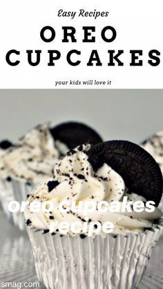 oreo cupcakes with white frosting and oreos in the middle on top