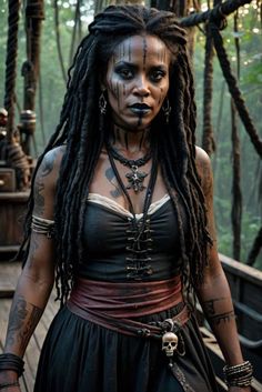 Voodoo Priestess Character Design, Voodoo Hairstyles, Voodoo Face Makeup, Halloween Pirates Makeup, Halloween Costumes With Dreads, Pirate Witch Costume, Women’s Pirate Makeup, Voodoo Costume Female, Pirate Makeup Looks