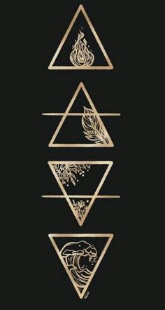 three gold triangles with different designs on them