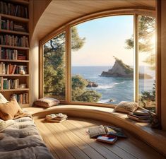 a bedroom with a large window overlooking the ocean and trees, along with bookshelves