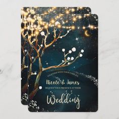 a wedding card with lights on it and a tree in the foreground that reads, together with their names