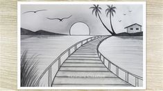 a pencil drawing of a pier leading to the ocean with birds flying around and palm trees in the background