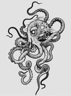 an octopus tattoo design with black ink on white paper, it looks like the tentacles have been