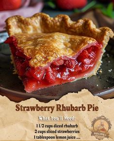 a piece of strawberry rhubarb pie sitting on top of a black plate