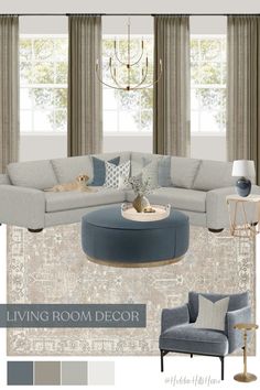 the living room is decorated in shades of blue and grey, with neutrals on the walls