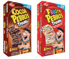 two boxes of fruit pebbles cereals with the same character on each box, one is holding