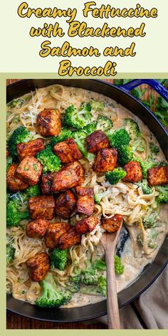 broccoli and noodles in a skillet with text overlay that reads, the ultimate crockery fattening with baked salmon and broccoli casserole