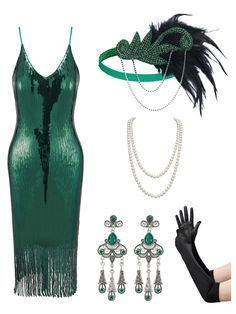 a green dress and accessories including gloves, bracelets, necklaces, and earrings