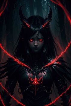 a woman with red eyes and horns in the dark forest, surrounded by lightnings