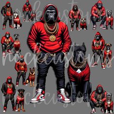 a drawing of a man in red and black clothing with his dog on the ground