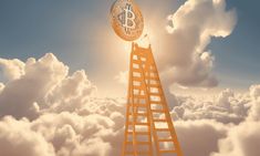 a ladder with a bitcoin on top in the clouds