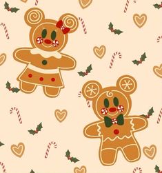 two teddy bears with candy canes and hearts on a white background that is very cute