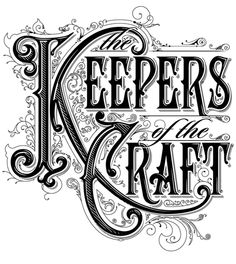 the letter k is in black and white with swirly lettering that reads keepers of the craft