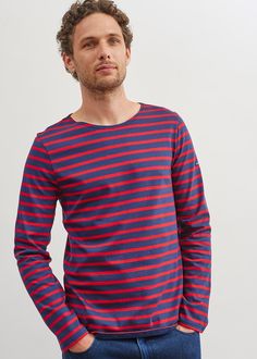 MINQUIERS MODERN - Authentic Breton Stripe Shirt | Soft Cotton | Men Fit (NAVY / RED) Sailor Style Striped Long Sleeve Top, Striped Sailor Long Sleeve Top, Sailor Striped Long Sleeve Top, Navy Long Sleeve Tops With Contrast Stripes, Navy Horizontal Stripe Crew Neck Top, Navy Long Sleeve Marine Top, Marine Style Long Sleeve Cotton Tops, Looking For A Boyfriend, Breton Stripe Shirt