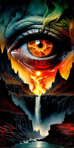 an eye is shown in the middle of a painting with flames coming out of it