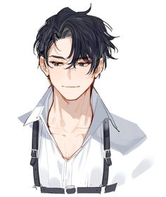 an anime character with black hair and suspenders