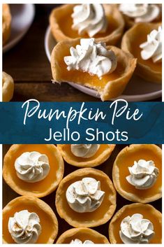 pumpkin pie jello shots with whipped cream on top and in the middle, sitting on plates