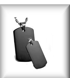 "This engraved black dog tag necklace set can be personalized with names, dates or a message of love on both sides of each custom necklace pendant. If you would like a heart engraved between names or on any line you can simply type the word \"heart\" into the desired location. The stainless steel dog tag necklace is also a wonderful gift for your best friend. DIMENSIONS: LARGE: 1.125 inch wide x 2 inches tall SMALL : 1.625 X 0.875 High Polished Black Pendant With Stainless Steel Silver Necklace Customizable Black Stainless Steel Necklaces, Personalized Black Dog Tag Jewelry, Black Personalized Dog Tag Necklace, Personalized Black Rectangular Jewelry, Black Personalized Rectangular Necklace, Black Dog Tag Engraved Necklaces, Black Engraved Dog Tag Necklace, Engraved Black Dog Tag Necklace, Couples Necklaces