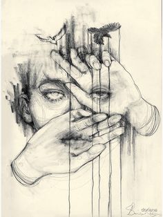 a drawing of a man's face and hands