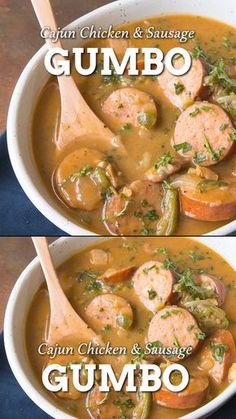 two bowls filled with gumbo and sausage soup