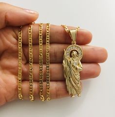 "18K GOLD FILLED SAINT JUDE NECKLACE 22\" LONG. FOR GOOD LUCK ,PROSPERITY AND PROTECTION. PENDANT: 50 mm X 15 mm 18K GOLD FILLED CADENA DE SAN JUDAS 22\" LARGO. PARA PROSPERIDAD, BUENA SUERTE Y PROTECCION. DIJE: 50 mmx 15 mm" Gold Plated Gold Charm Necklace With Curb Chain, 14k Gold-filled Jewelry With Figaro Chain, Spiritual Gold Figaro Chain Necklace, Gold Charm Necklace With Figaro Chain In 14k Gold, Spiritual Gold Necklace With Figaro Chain, Gold Necklace With Figaro Chain, Gold Plated Charm Necklace With Figaro Chain, Gold-plated Gold Charm Necklace With Figaro Chain, Gold Plated Charm Necklaces With Figaro Chain