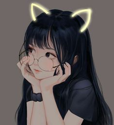 a girl with long black hair and cat ears on her head