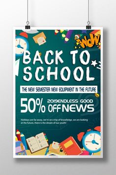 back to school sale poster with chalkboard background and colorful images on the front, below which reads 50 % off news