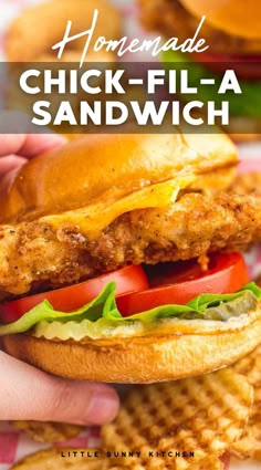 a chicken sandwich with lettuce, tomato and cheese on it is being held in front of some waffle fries