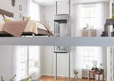 two pictures of a bedroom with white walls and wood floors, one has a bed