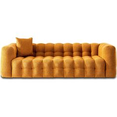 an orange couch with two pillows on it's back and one pillow in the middle