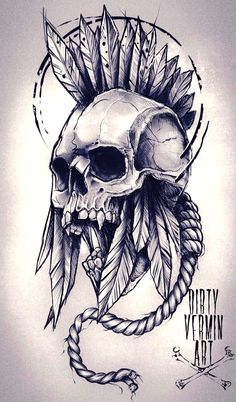 a drawing of a skull with feathers on it